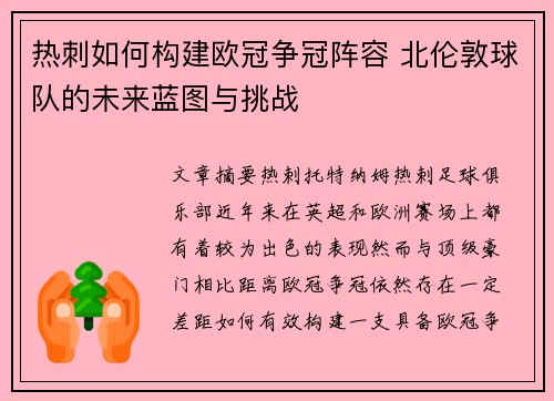 热刺如何构建欧冠争冠阵容 北伦敦球队的未来蓝图与挑战
