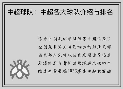 中超球队：中超各大球队介绍与排名