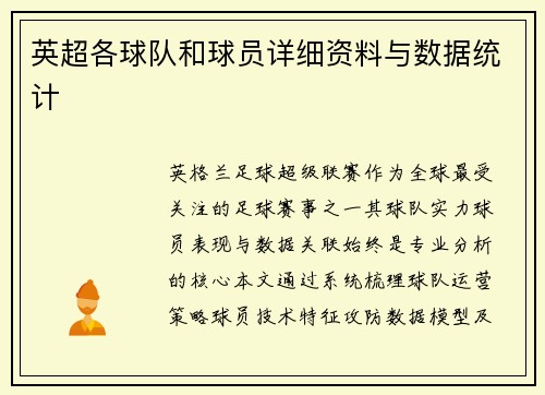 英超各球队和球员详细资料与数据统计